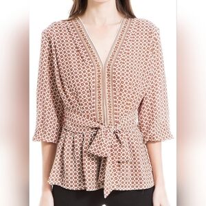 Max Studio Womens Crepe 3/4 Sleeve Smocked Back Blouse MEDIUM Birch/Fire Hexagon